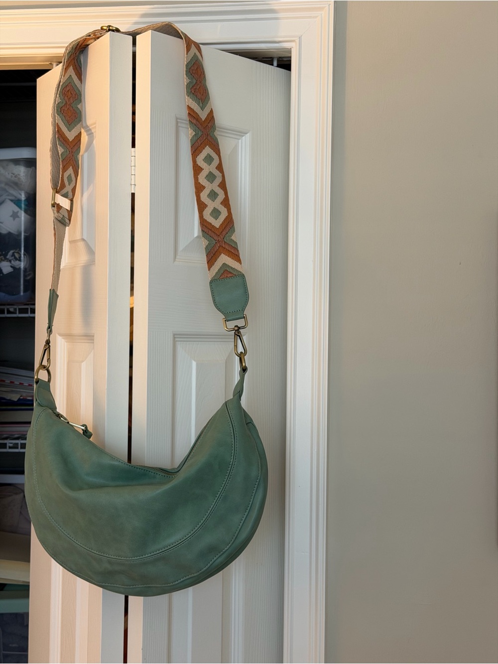 Women’s Anthropology Green Crescent Shoulder Bag with Patterned Strap